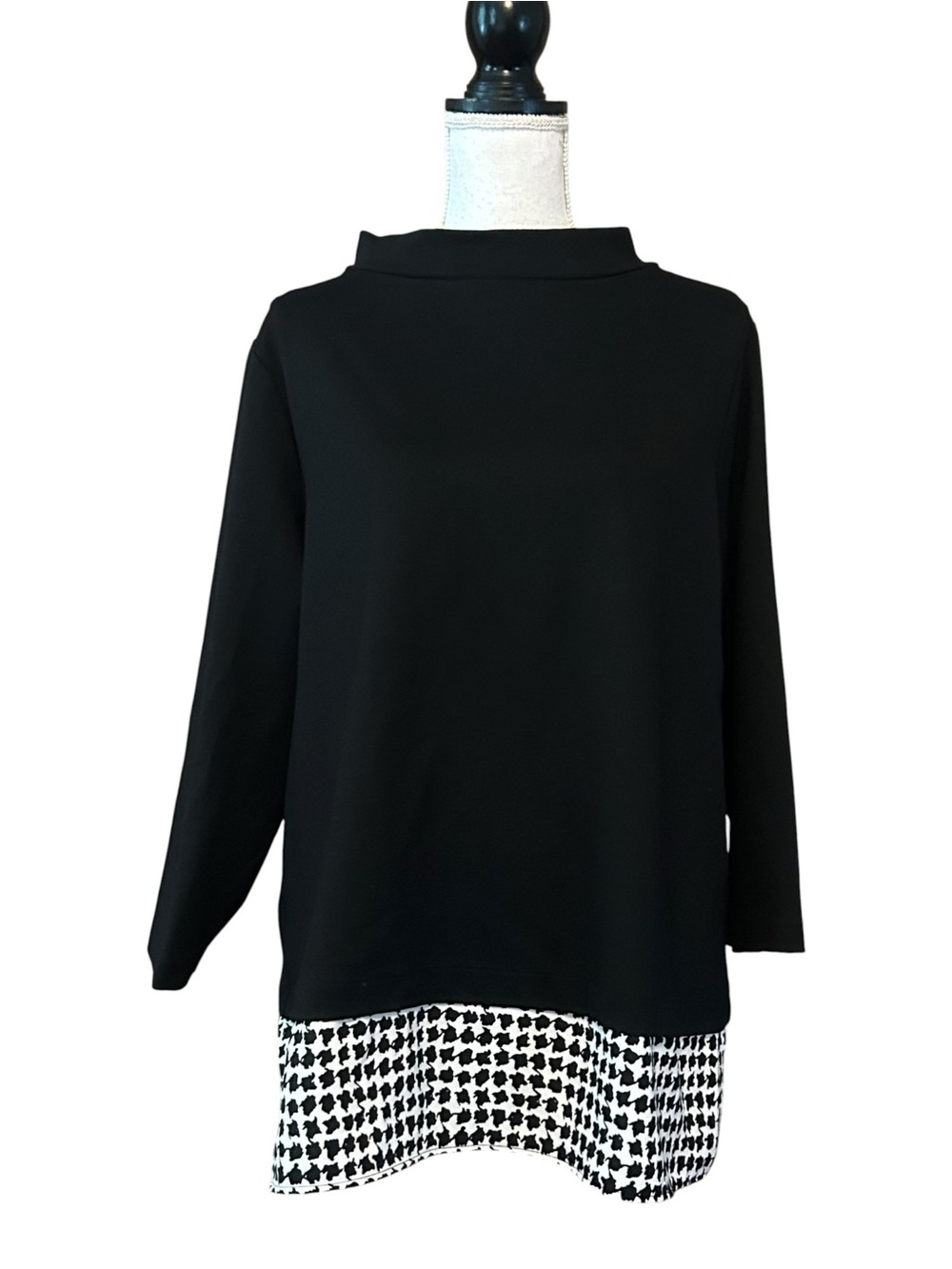 Ann Taylor Mock Neck Ponte Long Sleeve Houndstooth Trim Top SZ XL Black White